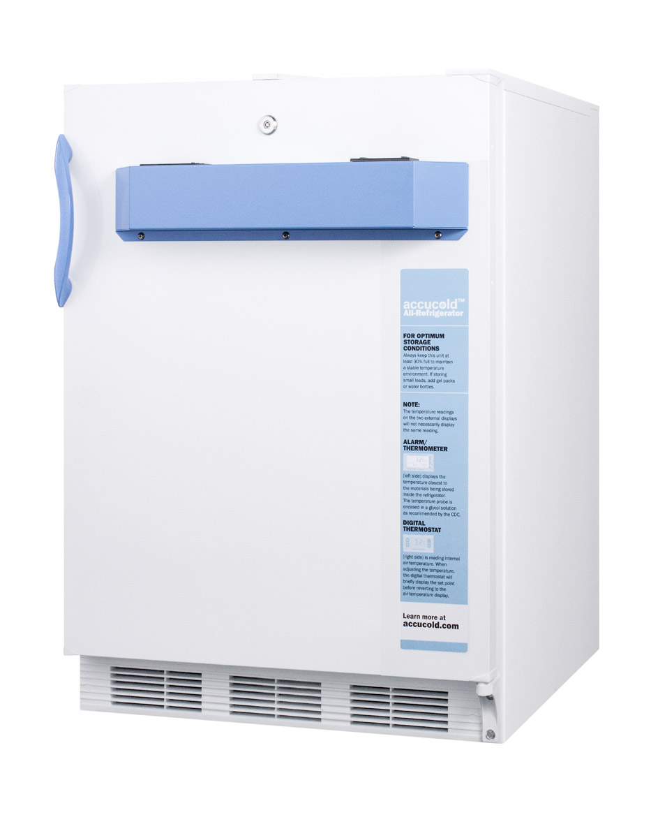 Built-in undercounter ADA compliant auto defrost medical/scientific all-refrigerator with front control panel equipped with a digital thermostat and NIST calibrated thermometer/alarm; includes front lock, hospital grade cord, and internal fan